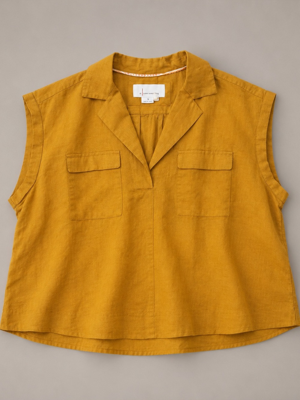 Anthropologie Mustard Linen Blend Utility Blouse 1X Split Neck Short Sleeve Top